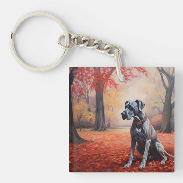 Great Dane in Autumn Leaves Fall Inspire  Keychain (Front)