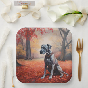 Great Dane in Autumn Leaves Fall Inspire  Paper Plate