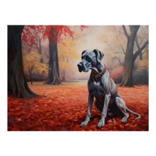 Great Dane in Autumn Leaves Fall Inspire Poster