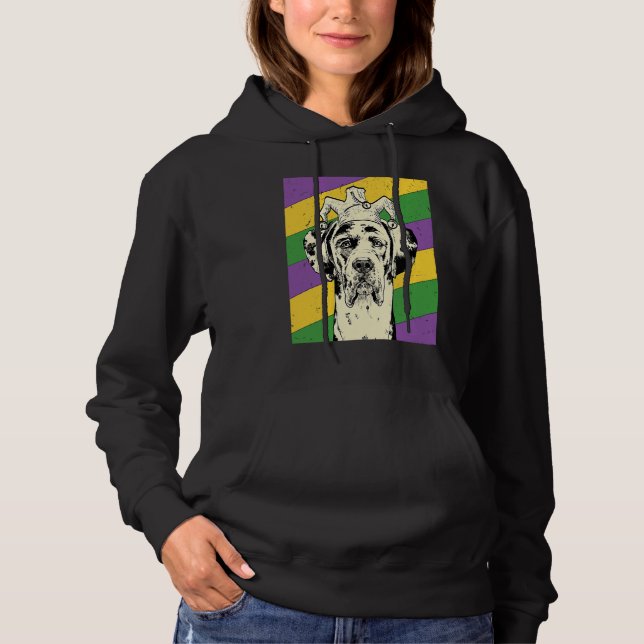 Great Dane Jester  Mardi Gras Dog Mom or Dad Hoodie (Front)