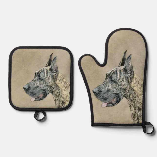 Great Dane Painting Brindle Original Pet Dog Art Oven Mitt & Pot Holder Set (Front)