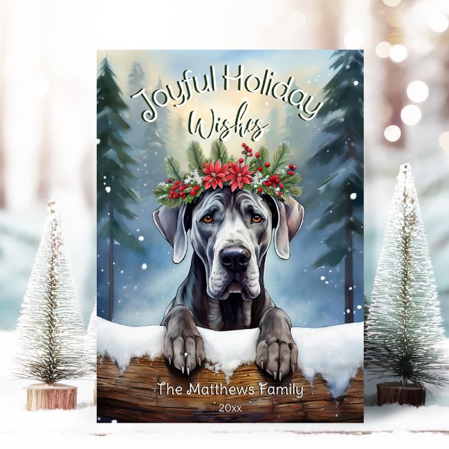 Great Dane Peeking Over a Snowy Log Pet Portrait Holiday Card (Adorable Winter Snowy Scene With Peeking Dogs or Farm/Woodland Animals - Over 50 to Choose From!)
