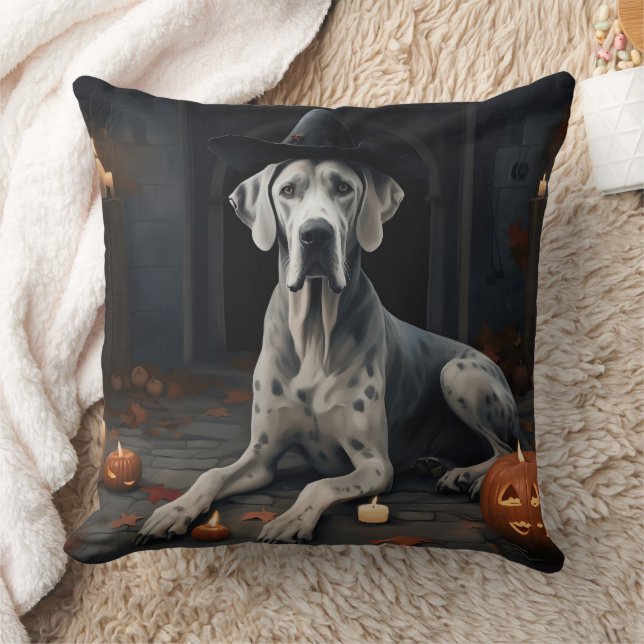 Great Dane Pumpkins Halloween Scary Flip Throw Pillow (Blanket)