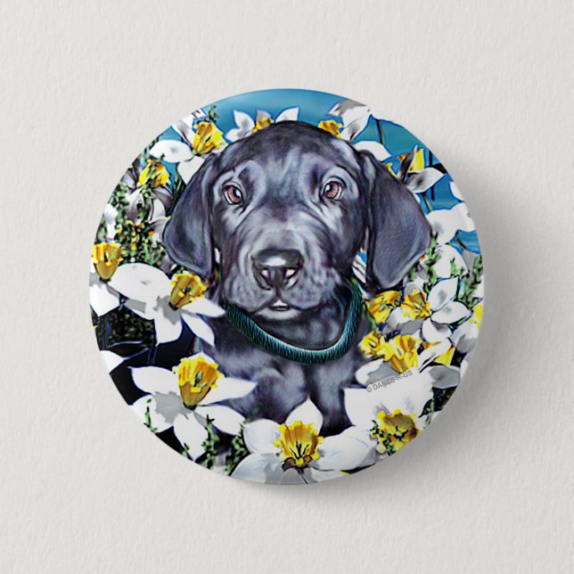Great Dane Pup in Daffodils Blue 2 Inch Round Button (Front)