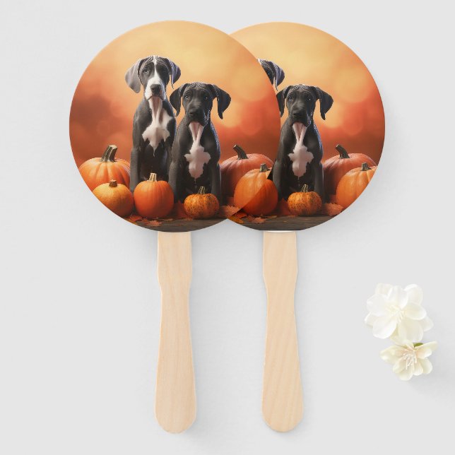 Great Dane Puppy Autumn Delight Pumpkin Hand Fan (Front and Back)