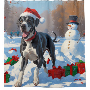 Great Dane Running in Snow with Christmas Hat