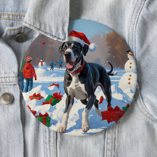 Great Dane Running in Snow with Christmas Hat 6 Inch Round Button