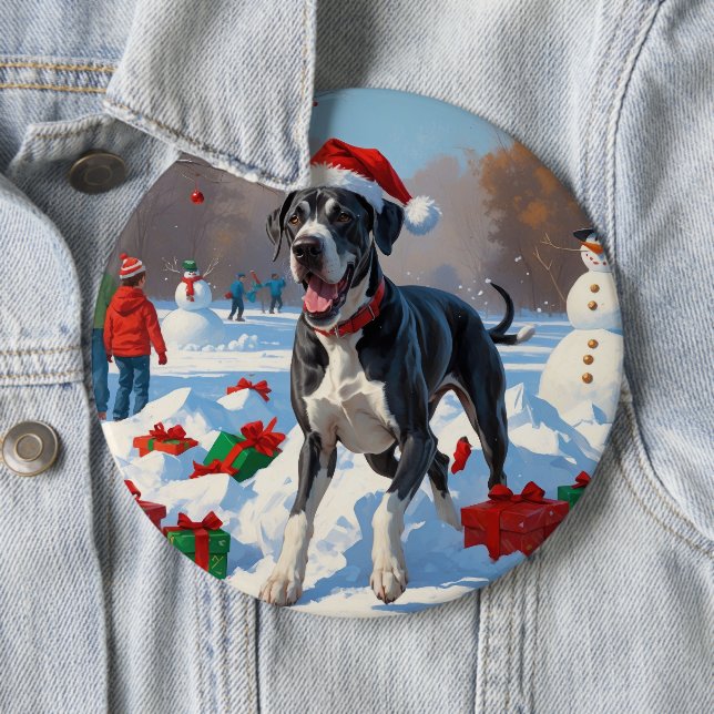 Great Dane Running in Snow with Christmas Hat 6 Inch Round Button (In Situ)