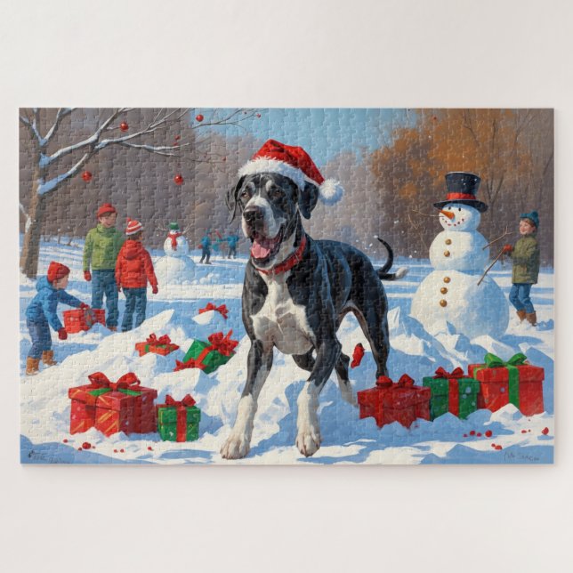 Great Dane Running in Snow with Christmas Hat Jigsaw Puzzle (Horizontal)