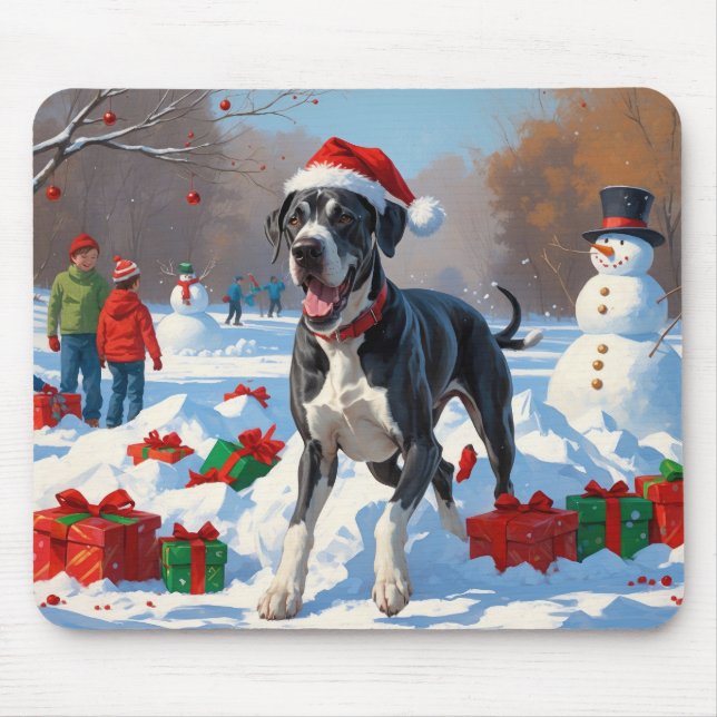 Great Dane Running in Snow with Christmas Hat Mouse Pad (Front)
