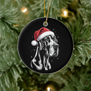 Great Dane Santa Hat Black White Christmas Snow Ceramic Ornament
