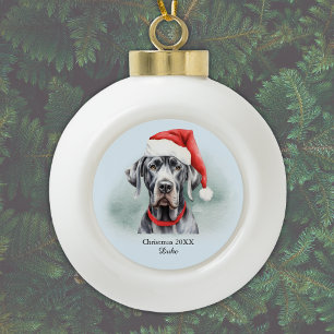 Great Dane Santa Hat Personalized Ceramic Ball Christmas Ornament
