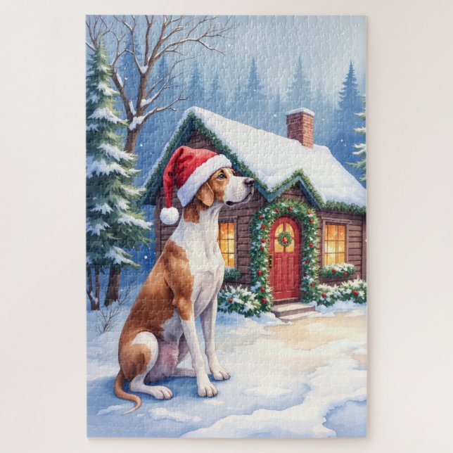 Great Dane Snowy Cabin Santa Hat Christmas Art Jigsaw Puzzle (Vertical)