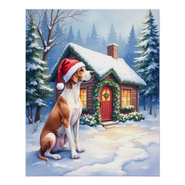 Great Dane Snowy Cabin Santa Hat Christmas Art Poster (Front)