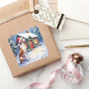 Great Dane Snowy Cabin Santa Hat Christmas Art Square Sticker