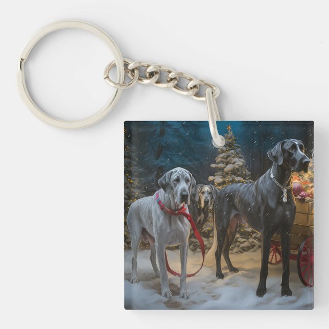 Great Dane Snowy Sleigh Christmas Decor  Keychain (Front)