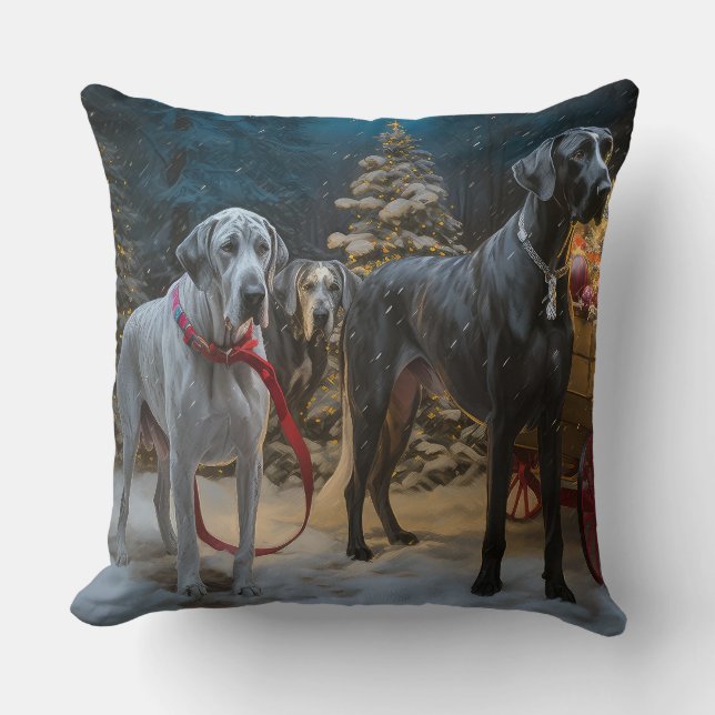 Great Dane Snowy Sleigh Christmas Decor  Throw Pillow (Front)