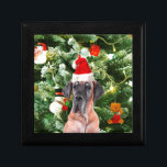 Great Dane w Christmas Tree Gift Boxes Santa Hat<br><div class="desc">A cute Great Dane dog wearing Red Santa Hat and posing in front of nicely decorated Christmas Tree,  with gift boxes snow man,  teddy bear,  Christmas ornaments. A perfect gift on this Christmas!</div>