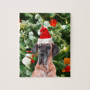Great Dane w Christmas Tree Gift Boxes Santa Hat Jigsaw Puzzle
