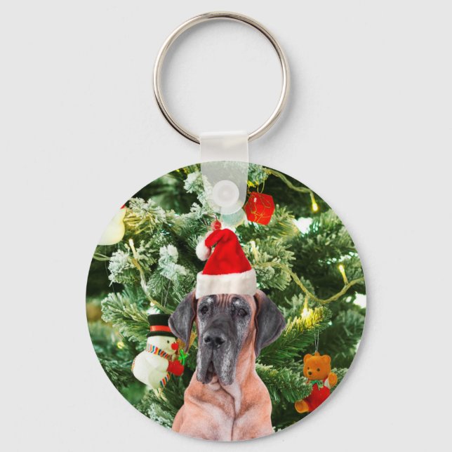 Great Dane w Christmas Tree Gift Boxes Santa Hat Keychain (Front)