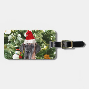 Great Dane w Christmas Tree Gift Boxes Santa Hat Luggage Tag