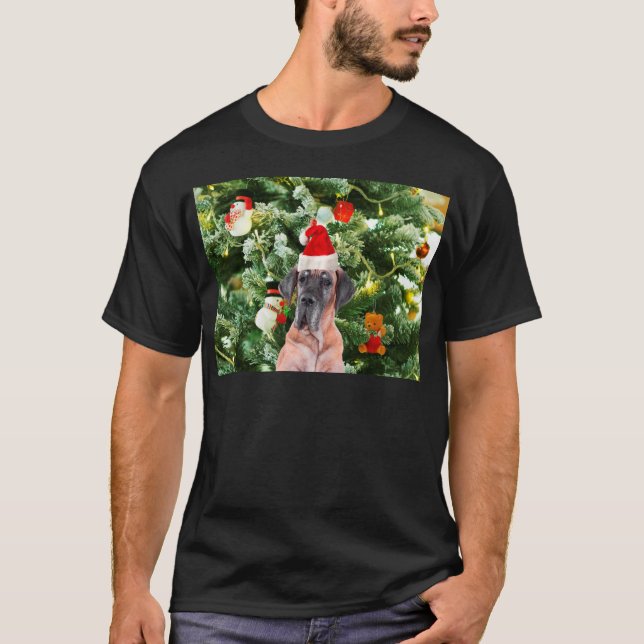 Great Dane w Christmas Tree Gift Boxes Santa Hat T-Shirt (Front)