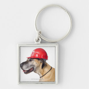 Great Dane wearing a red construction helmet Keychain