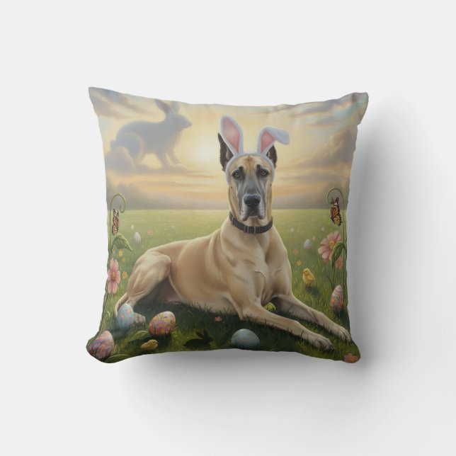 Great Dane Wearing Bunny Ears Easter Spring Meadow Throw Pillow (Front)