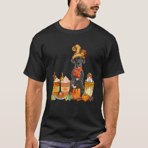 Great Dane Wearing Hat With Coffee Cups Fall Pumpk T-Shirt