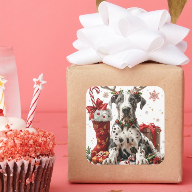 Great Dane with Reindeer Antlers and Stocking Square Sticker (Party)