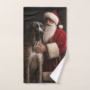 Great Dane With Santa Claus Festive Christmas  Bath Towel Set