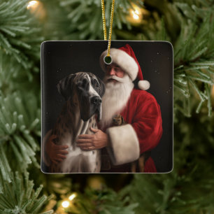 Great Dane With Santa Claus Festive Christmas  Ceramic Ornament