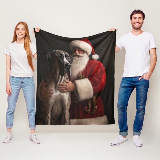 Great Dane With Santa Claus Festive Christmas  Fleece Blanket (In Situ)