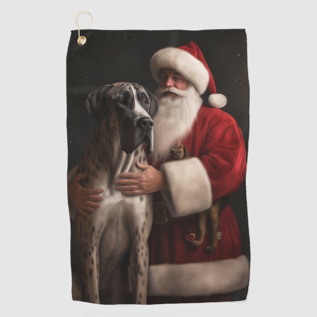 Great Dane With Santa Claus Festive Christmas  Golf Towel (Front)