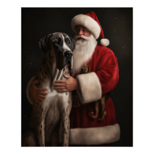 Great Dane With Santa Claus Festive Christmas  Poster