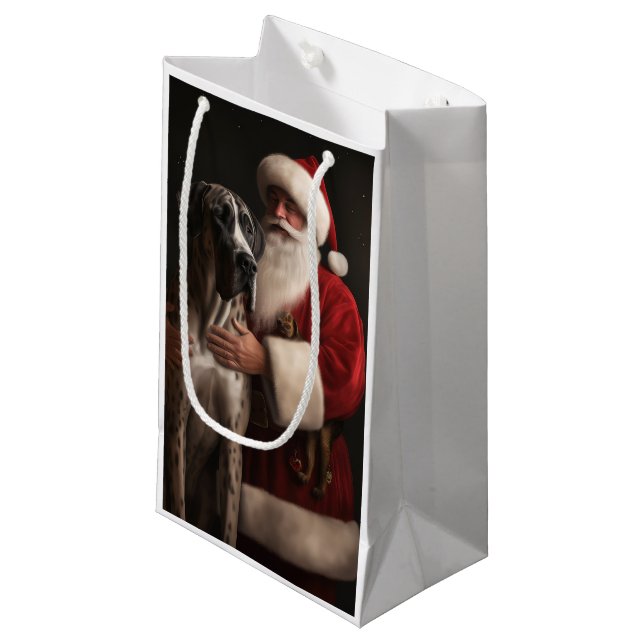 Great Dane With Santa Claus Festive Christmas  Small Gift Bag (Front Angled)