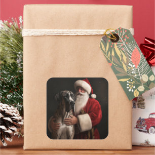 Great Dane With Santa Claus Festive Christmas  Square Sticker