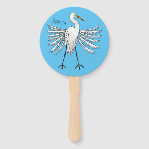 Great egret bird cartoon illustration  hand fan