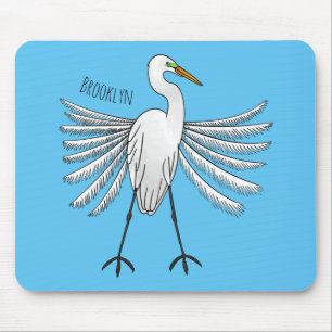 Great egret bird cartoon illustration mouse pad