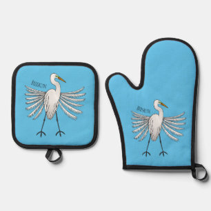 Great egret bird cartoon illustration oven mitt & pot holder set