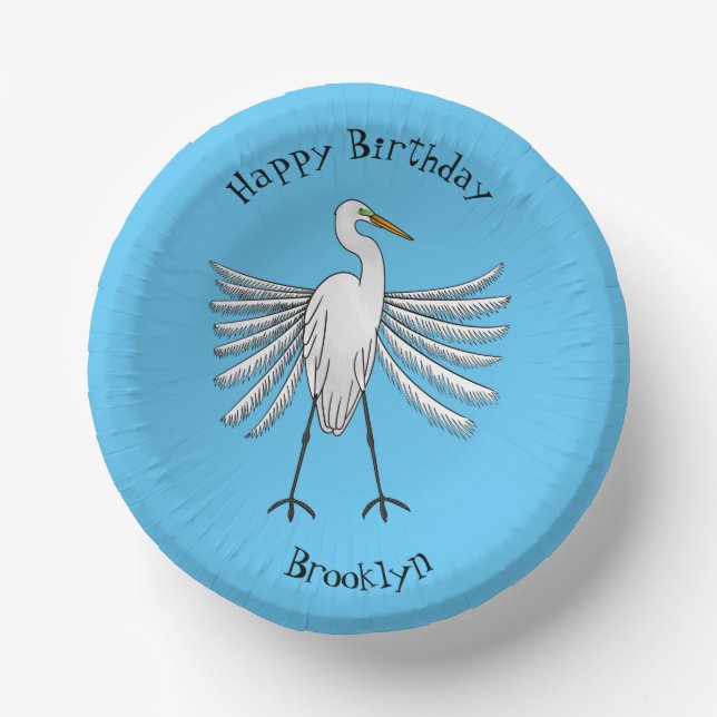 Great egret bird cartoon illustration  paper plate (Front)