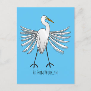 Great egret bird cartoon illustration postcard