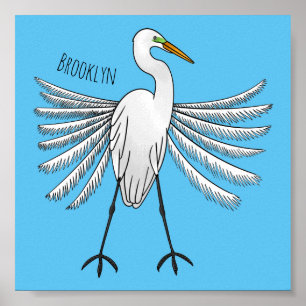 Great egret bird cartoon illustration  poster