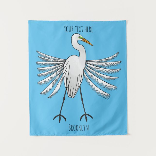 Great egret bird cartoon illustration  tapestry (Front)