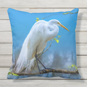 Great Egret in a Tree Outdoor Pillow