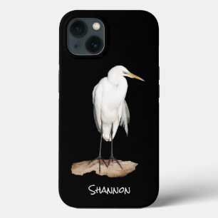 Great Egret on black, personalized iPhone 13 Case