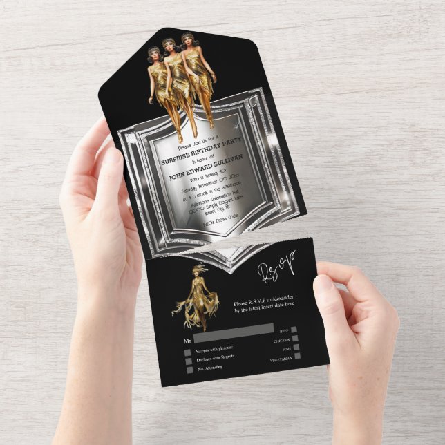 Great gatsby 1920s Flapper girls silver gold All In One Invitation (Tearaway)