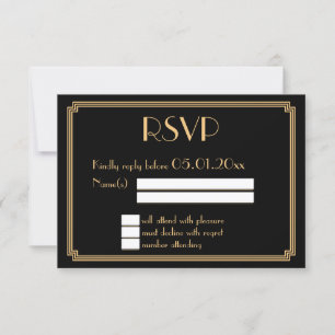 Great Gatsby Art Deco Black Gold Wedding RSVP Card