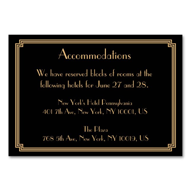 Great Gatsby Art Deco Black Wedding Accommodation Table Number (Front)