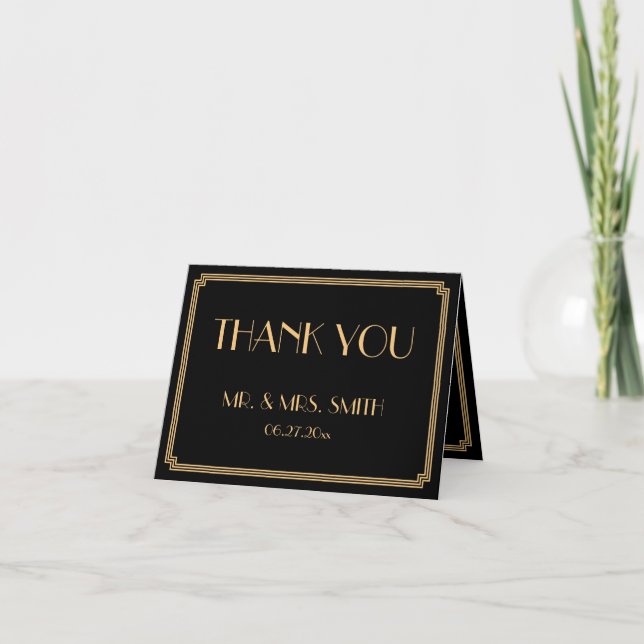 Great Gatsby Art Deco Black Wedding Thank You Card (Front)